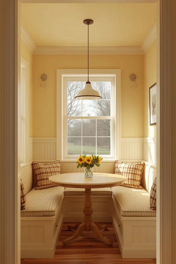  breakfast nook, featuring a soft butter yellow ceiling matching the surrounding walls, small wooden banquette 