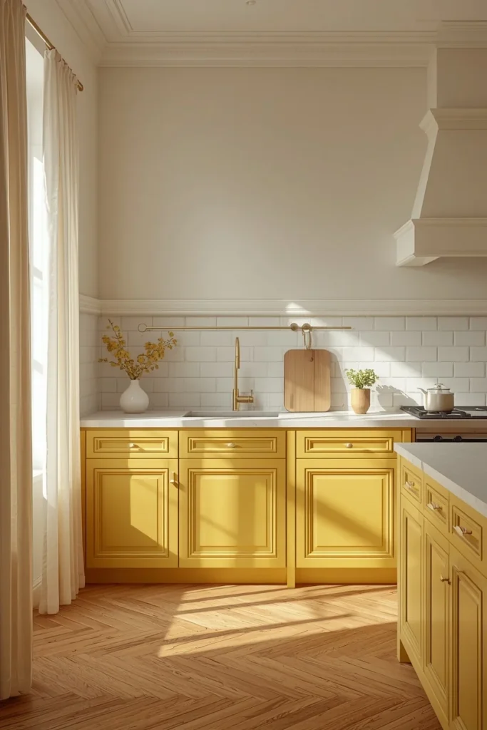  kitchen, featuring citron yellow lower cabinets and trim with soft cream upper walls, unlacquered brass hardware