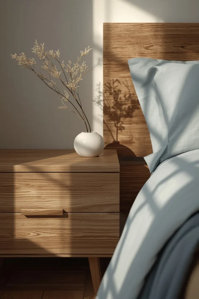 bedside detail shot, featuring a driftwood-finish nightstand beside a bed with pale blue linen bedding