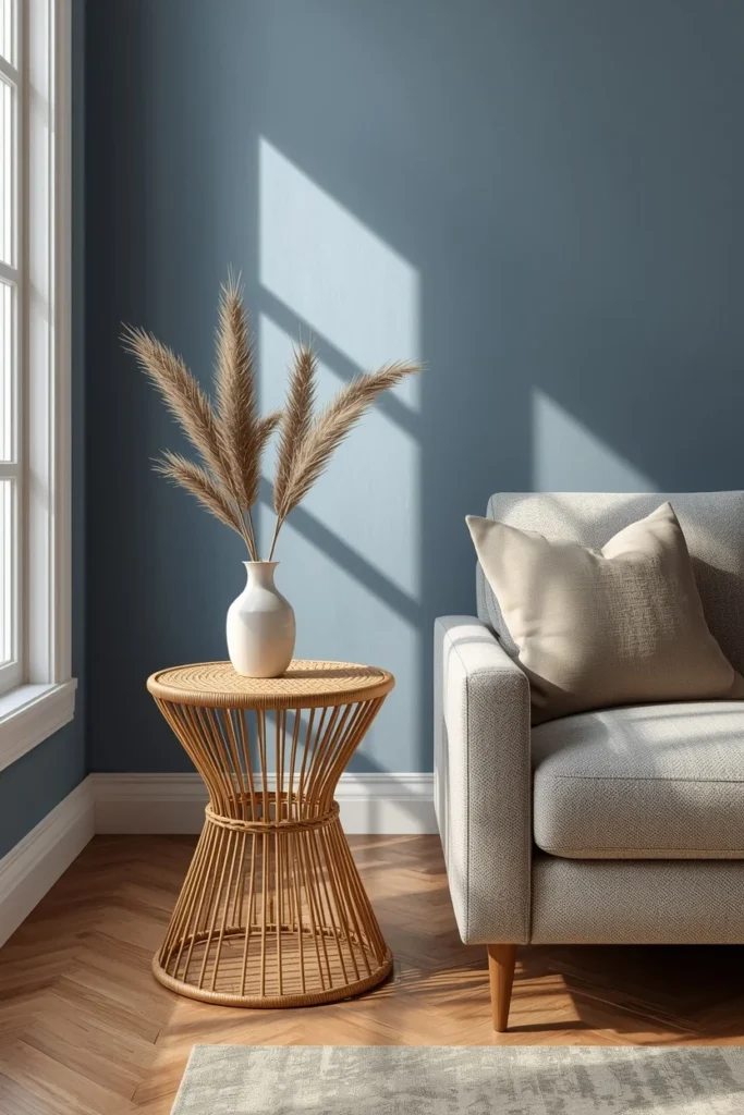 living room corner, featuring a woven rattan side table beside a boucle armchair, 