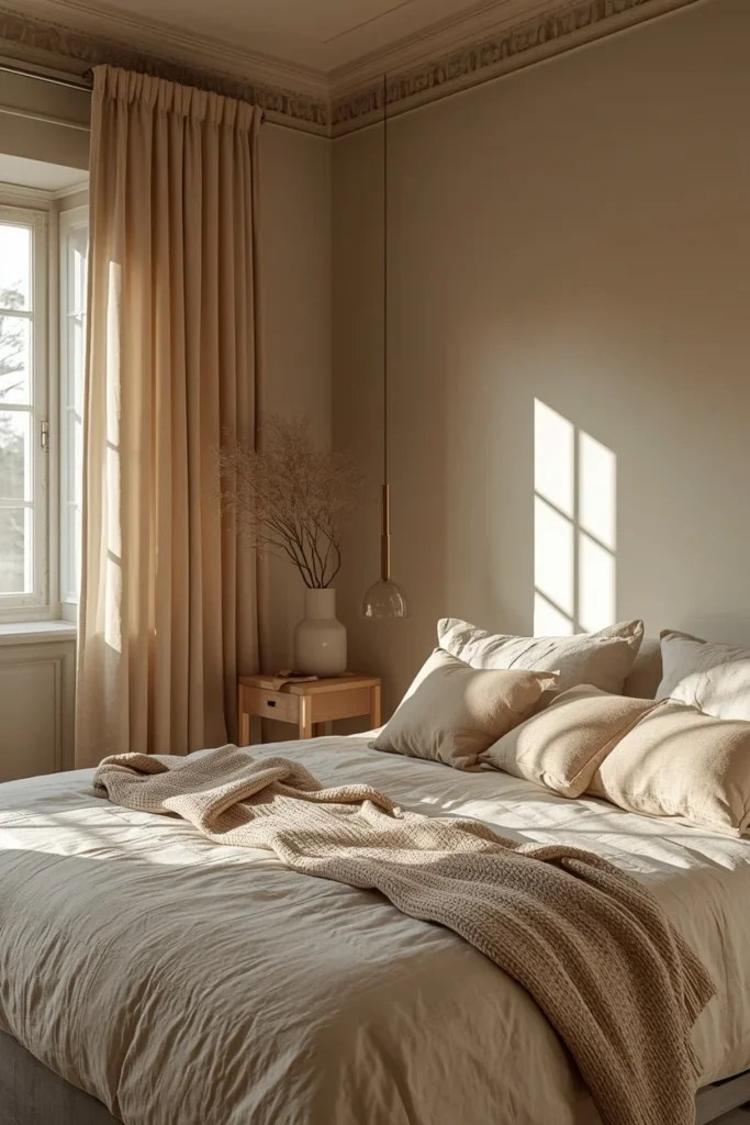 24 Cozy Bedroom Ideas That Make You Never Want to Leave Your Bed 11 bedroom, featuring walls, bedding, and curtains all in a matching warm oatmeal tone