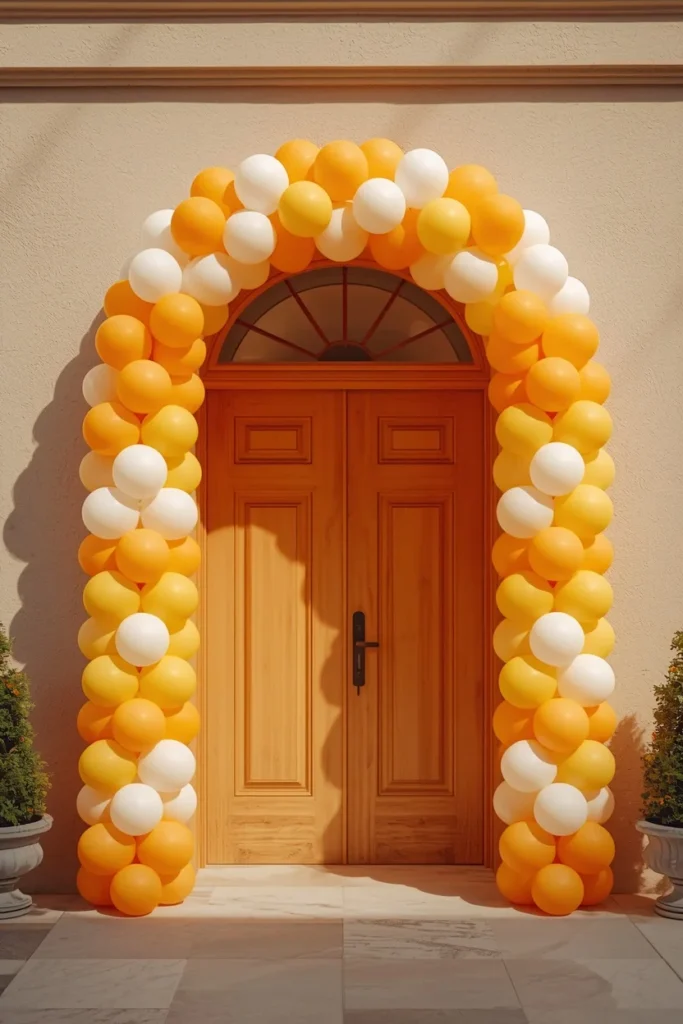 18 DIY Halloween Archway Ideas That Wow Trick-or-Treaters 11 doorway archway, featuring a balloon garland arranged in horizontal color bands