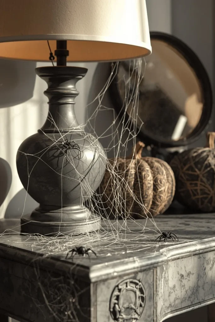  console table, featuring fine gray-toned spiderweb draped 