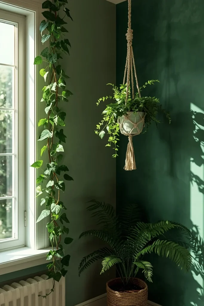 bedroom corner, featuring trailing ivy and ferns in woven macrame hangers 