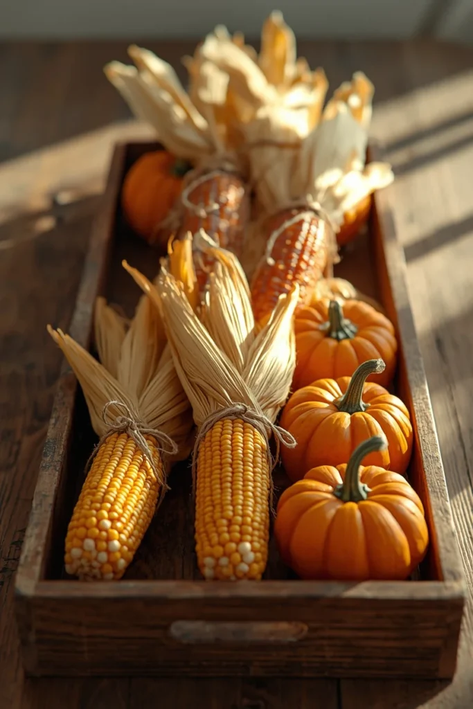21 Fall Centerpiece Ideas That Take Minutes to Put Together (Easy + Budget-Friendly) 11 harvest-themed centerpiece, featuring dried corn bundles tied with natural twine laid across a wooden tray