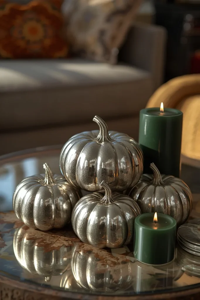 20 Fall Coffee Table Decor Ideas to Steal This Season 11 living room, featuring a cluster of mercury glass pumpkins