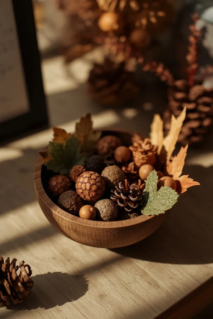  desk decor, featuring a small wooden bowl filled with faux acorns,