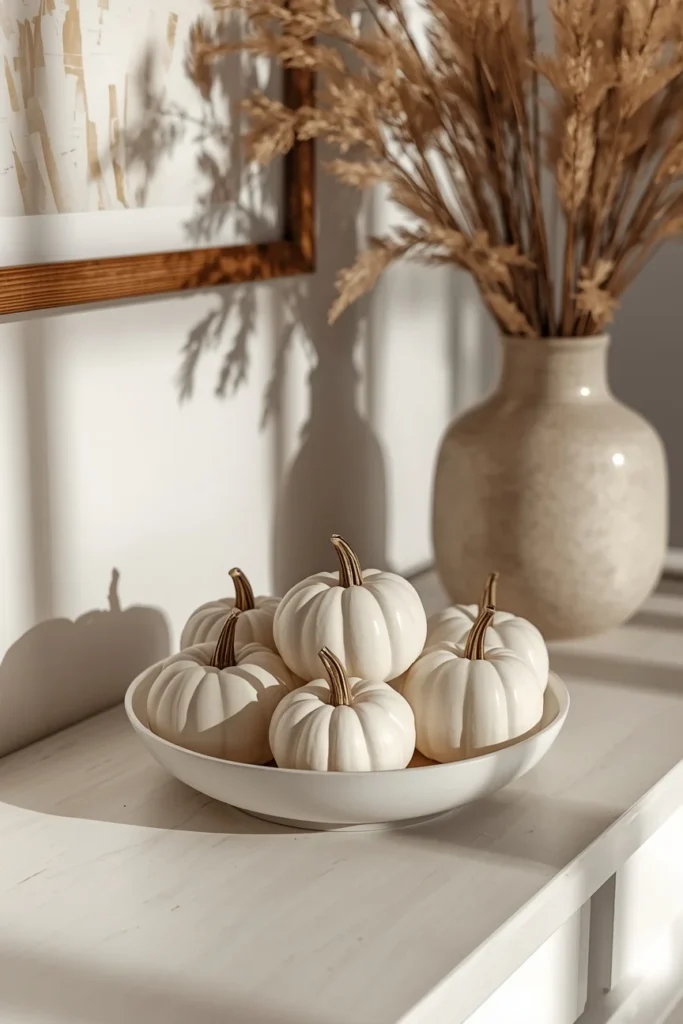 16 Fall Entry Table Decor Ideas That Wow Guests Instantly-Cozy Autumn Entryway Styling 11 entryway console table, featuring a cluster of neutral white, cream, and gray mini pumpkins