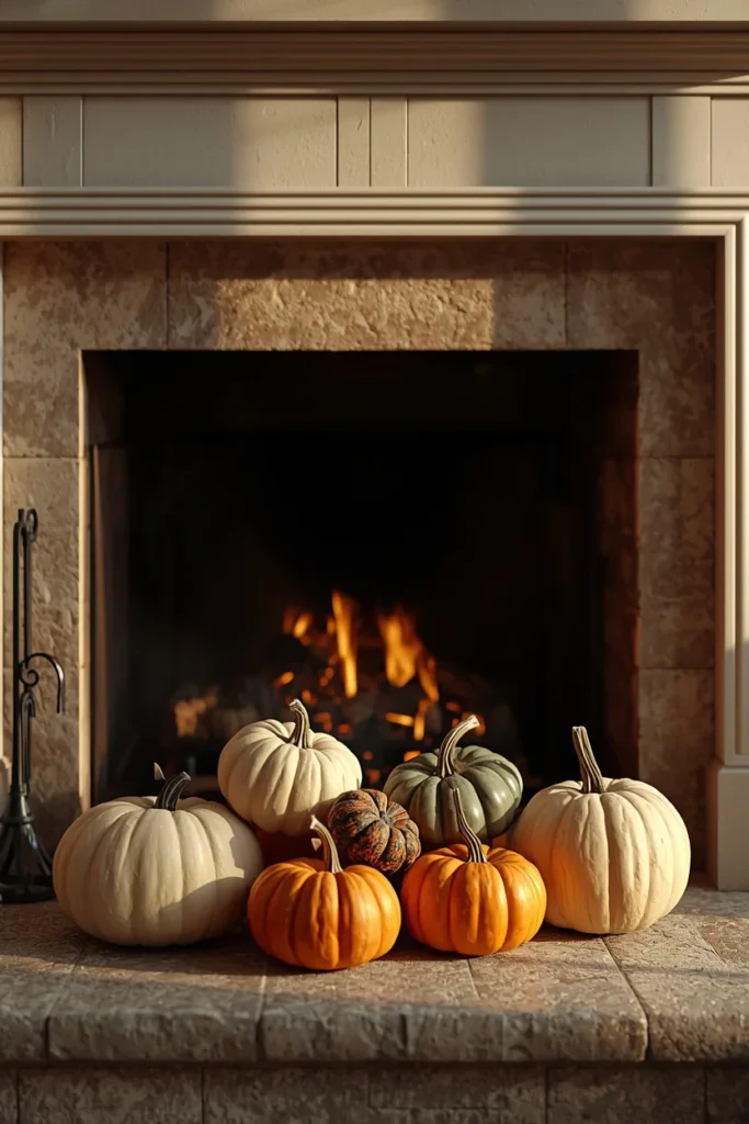  fireplace hearth styling, featuring a cluster of pumpkins