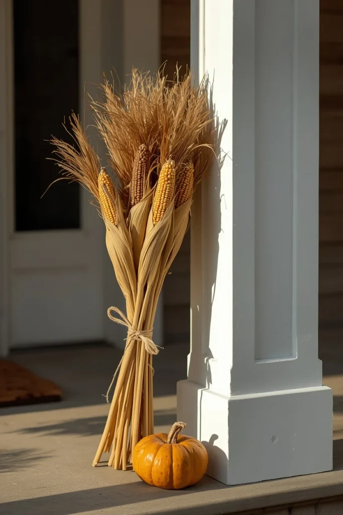 farmhouse front porch column, featuring bundled dried corn stalks