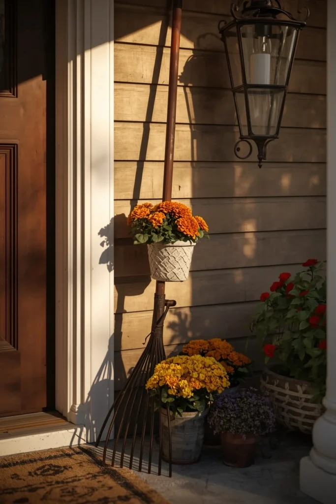 19 Fall Planter Ideas That Bring Instant Curb Appeal 11 front porch, featuring an old garden rake leaning against a wall with small pots of mums hanging