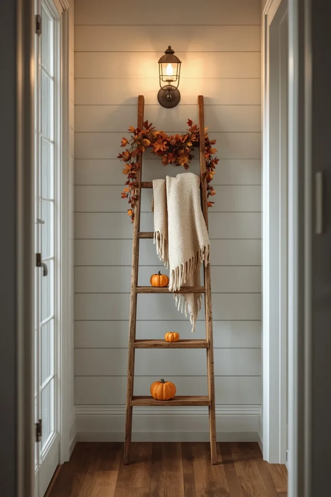 18 Fall Tree Ideas to Decorate Your Home Like a Magazine 11 narrow hallway, featuring a vintage wooden ladder leaned