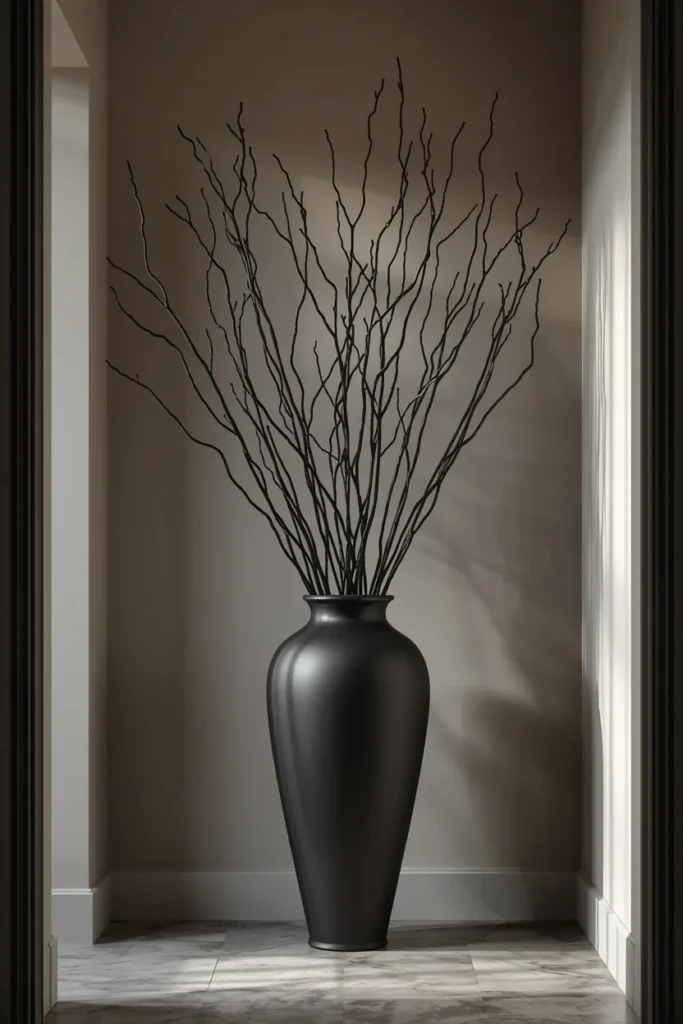  entryway display, featuring a tall ceramic urn filled with matte black painted branches