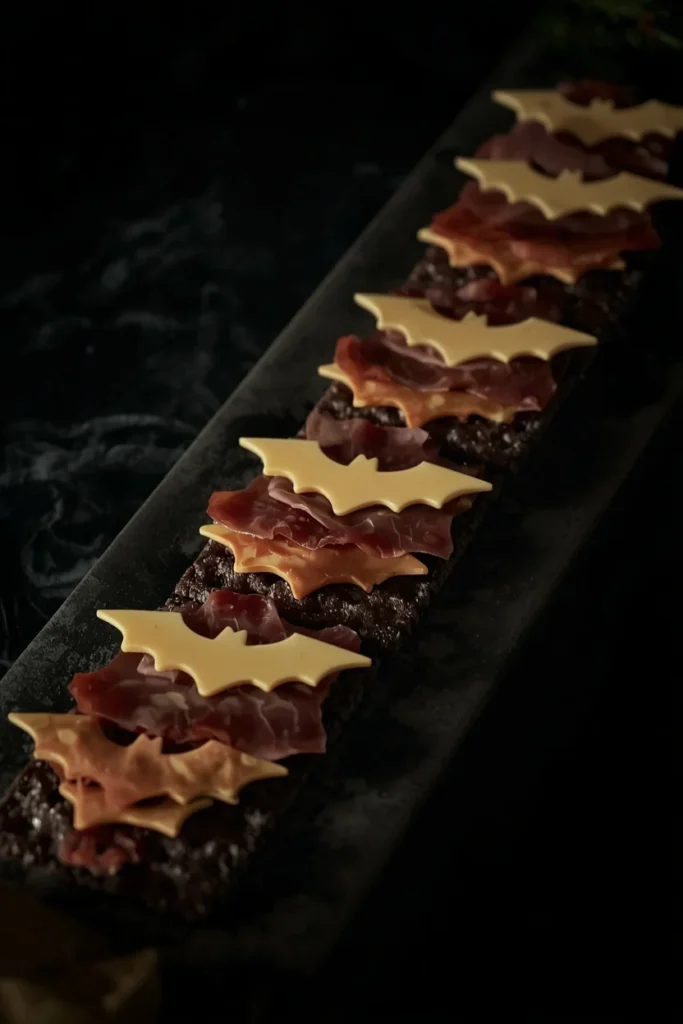 charcuterie board detail, featuring bat-shaped cheese and salami cutouts layered