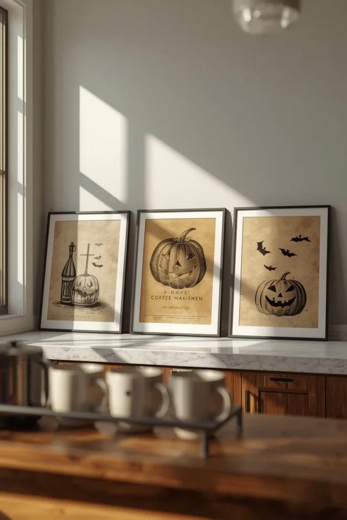 coffee bar backdrop shot, featuring three vintage-style Halloween art prints in cream and warm sepia tones