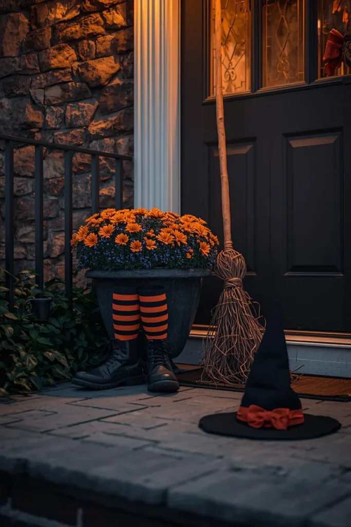 front porch Halloween display, featuring striped witch tights and boots