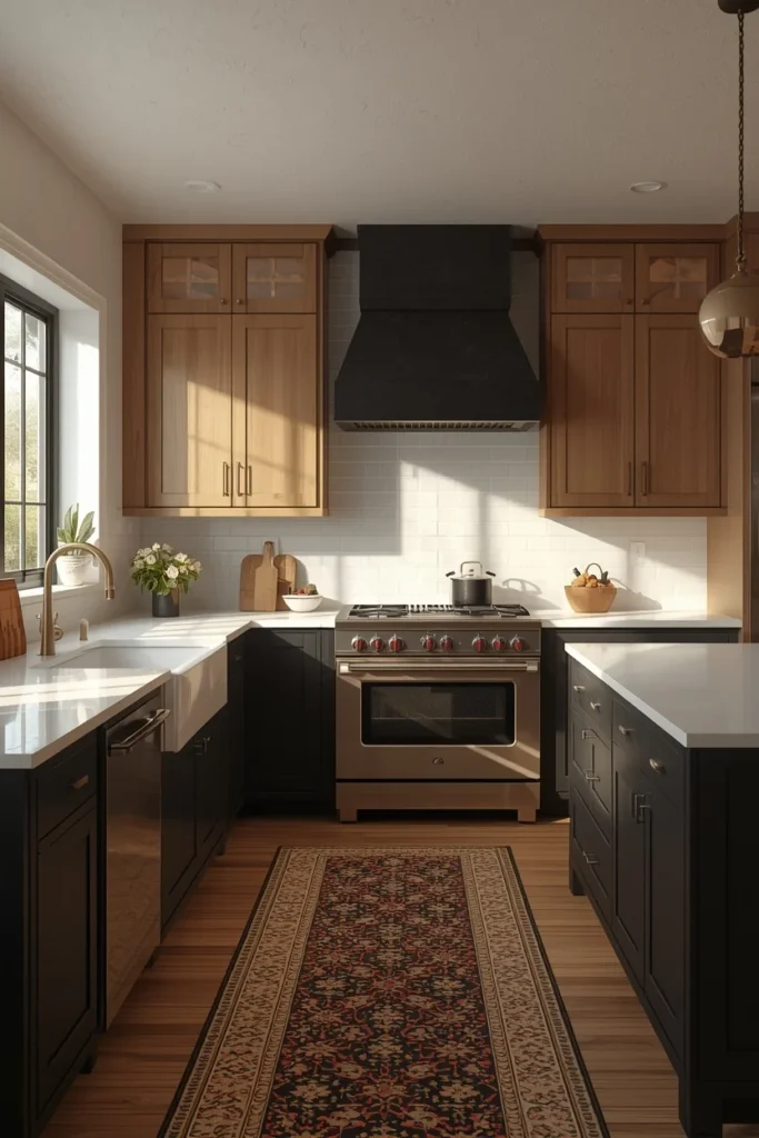 19 Modern Farmhouse Kitchens That Nail Cozy Meets Contemporary 11 farmhouse kitchen, featuring matte black lower cabinets