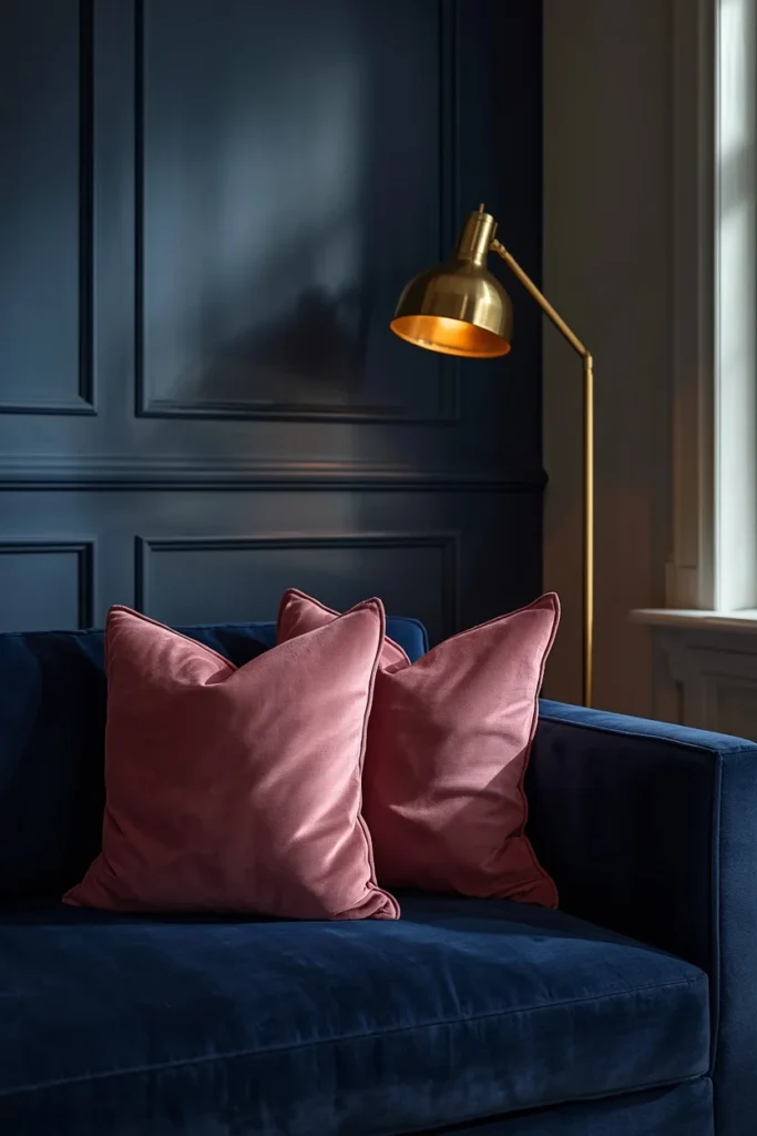 15 Pink Fall Decor Ideas for a Softer Take on Autumn 11 den or reading room, featuring a deep navy accent wall with two dusty pink velvet pillows