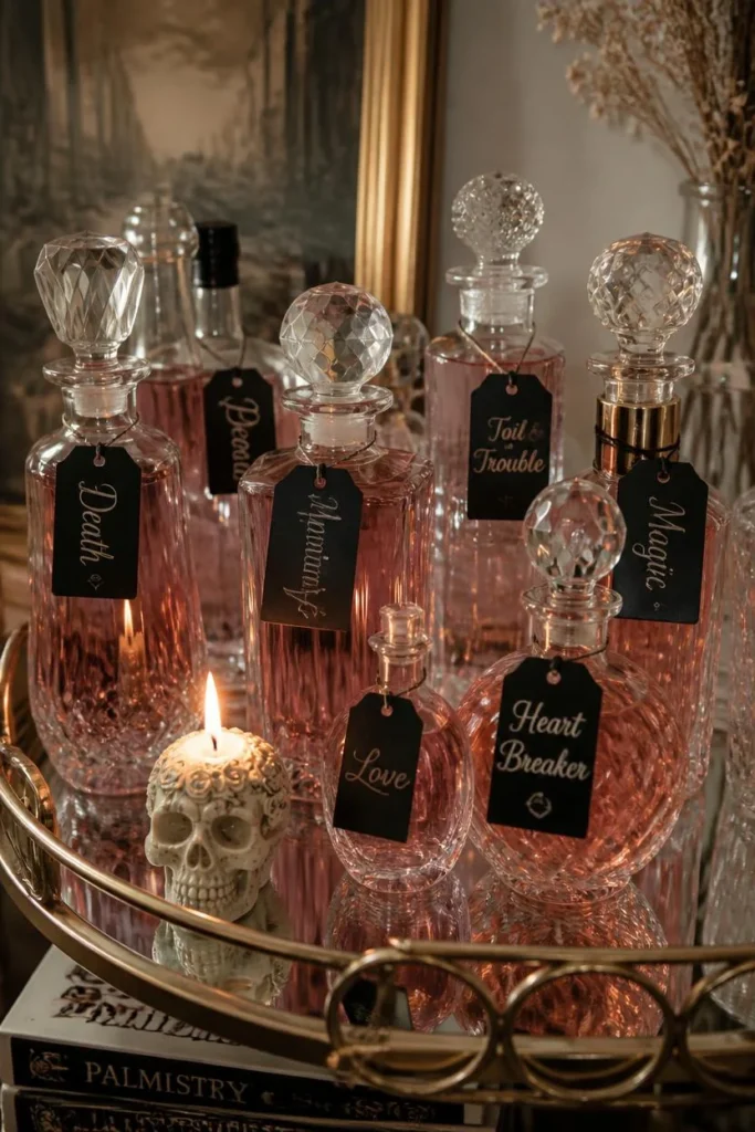  bar cart display, featuring an assortment of glass bottles filled with pink and blush tinted liquid
