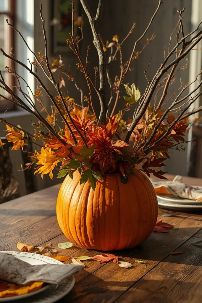 15 Pumpkin Floral Arrangement Ideas for Fall Tables That Feel Effortlessly Elegant 11 dining table, featuring a natural orange pumpkin filled with foraged branches, colorful fall leaves