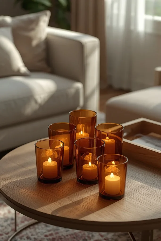  living room, featuring a cluster of amber glass votive candle holders