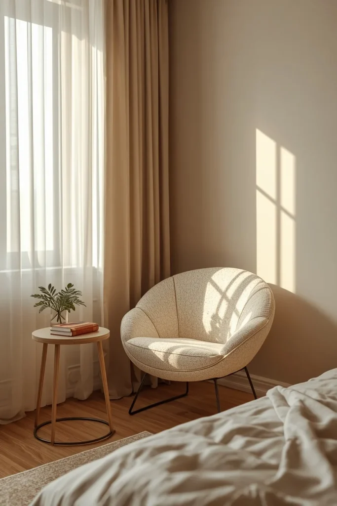  small bedroom corner, featuring a rounded boucle bubble chair positioned beside a window