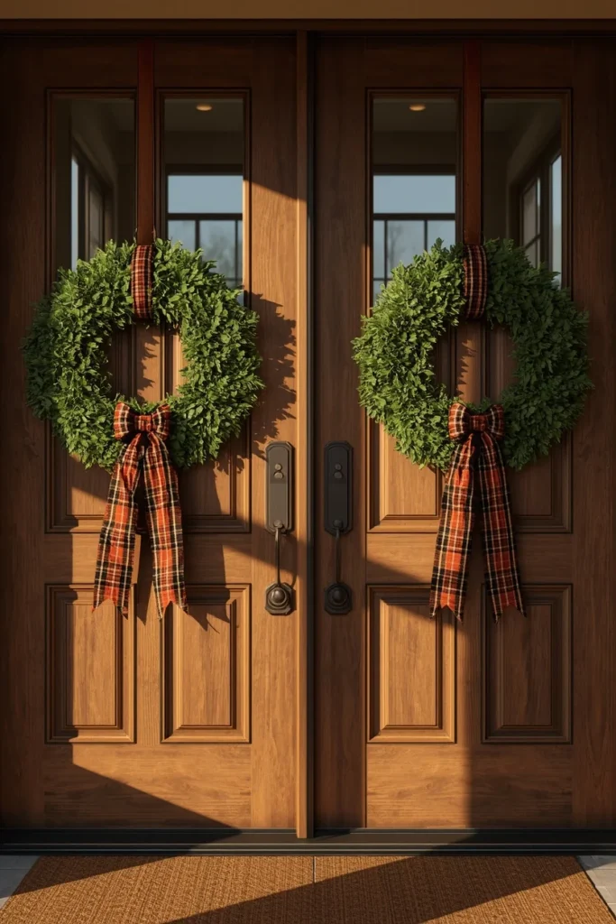  double front door wide shot, featuring two matching full boxwood wreaths 