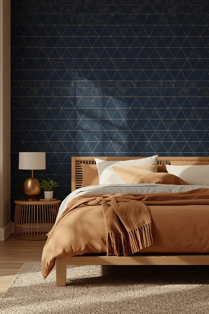 23 Afrobohemian Bedroom Ideas for Warm, Earthy, Soul-Filled Nights 12 bedroom, featuring an indigo blue geometric patterned accent wall