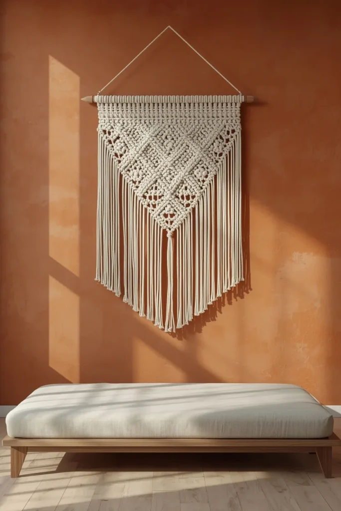  wall detail, featuring a large natural cotton macrame wall hanging above a low platform bed,