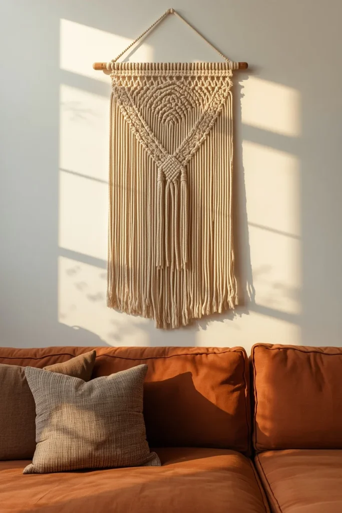  living room wall shot, featuring a large cream cotton macrame wall hanging with cascading fringe