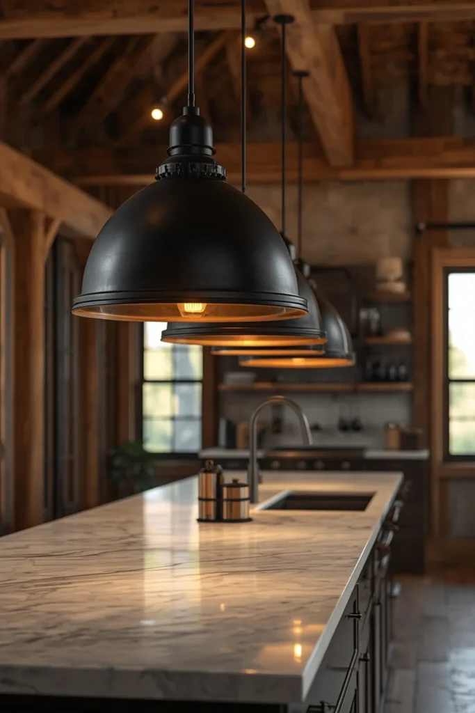 barndominium kitchen, featuring a row of oversized black industrial pendant lights