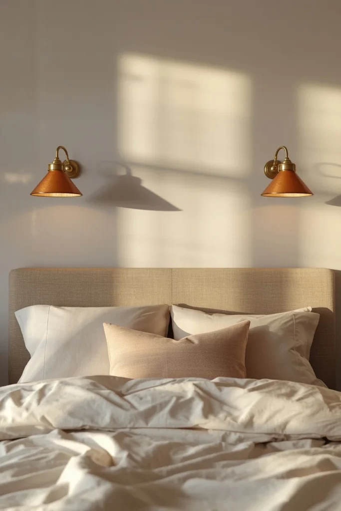 22 Beautiful Bedroom Ideas That Turn Your Room Into a Personal Sanctuary 12 bedroom, featuring two brass swing-arm wall sconces mounted on either side of the bed