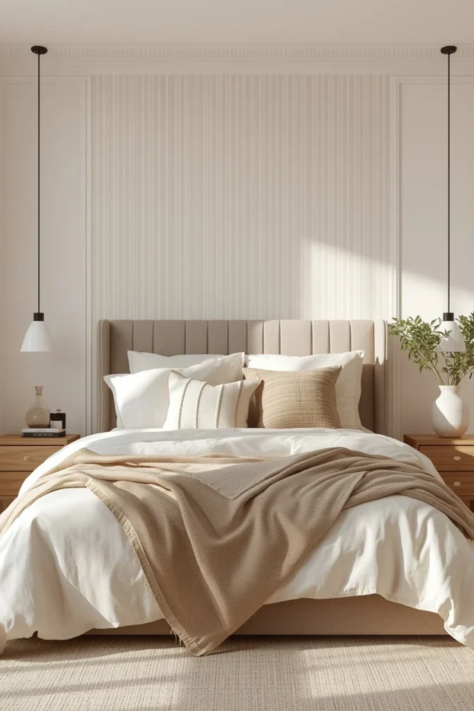 21 Bedroom Color Schemes That Make Your Room Feel Like a Boutique Hotel 12 Bedroom with warm white walls featuring subtle soft taupe stripe wallpaper,