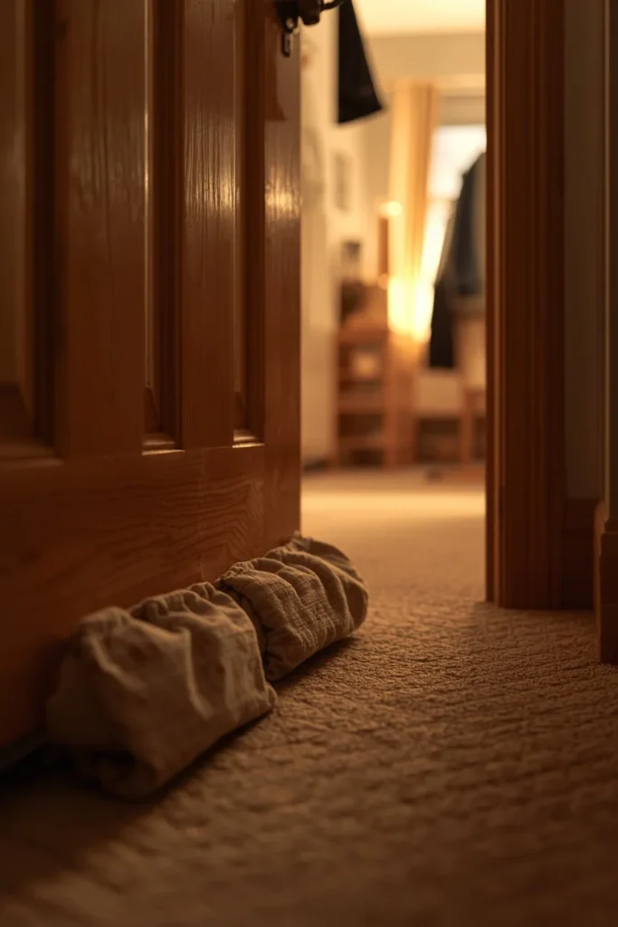  dorm room close-up, featuring a fabric door draft stopper