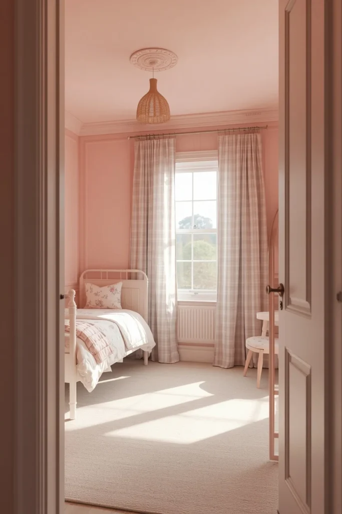  child's bedroom, featuring a soft blush pink ceiling and walls in matching tone, white daybed 