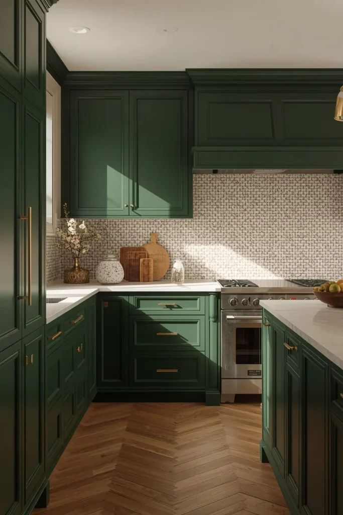  kitchen, featuring deep forest green flat-front cabinetry, walls, and trim, gold-toned hardware, 