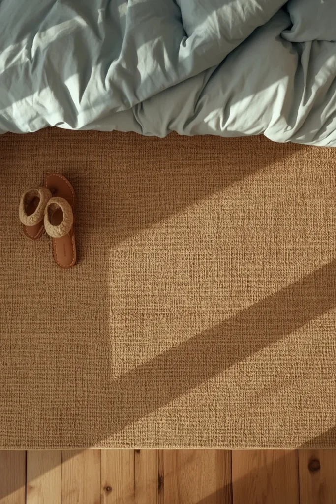 overhead angle bedroom shot, featuring a natural jute area rug extending beyond a bed frame
