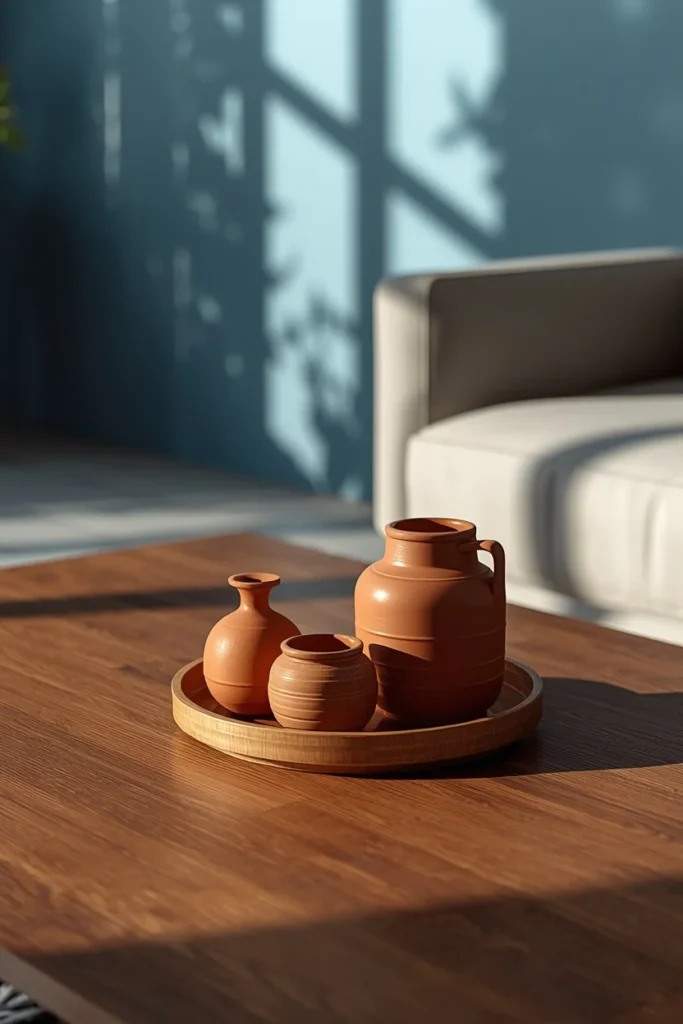  coffee table styling, featuring a small grouping of terracotta and clay pottery vessels on a warm walnut coffee table,