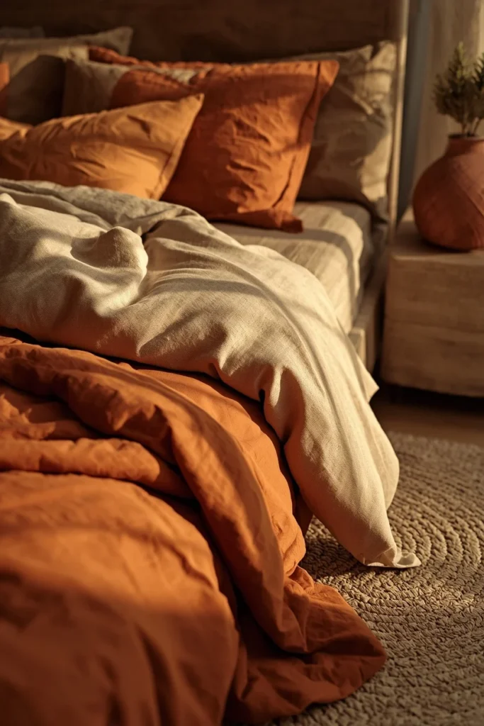24 Cozy Bedroom Ideas That Make You Never Want to Leave Your Bed 12 bedroom close-up, featuring terracotta and hazelnut bedding