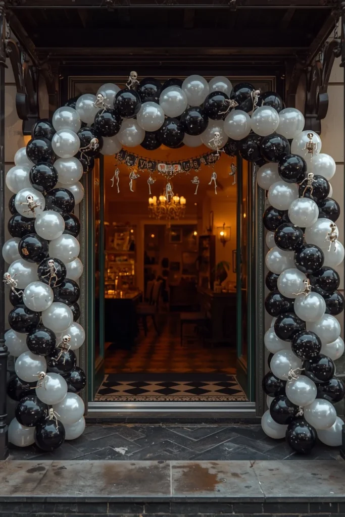 18 DIY Halloween Archway Ideas That Wow Trick-or-Treaters 12 party entrance, featuring a black, white, and silver balloon garland arch
