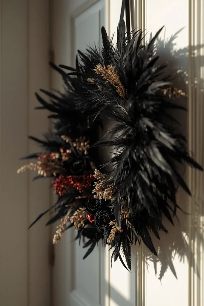 front door, featuring a wreath made of black feathers, dried black roses, 