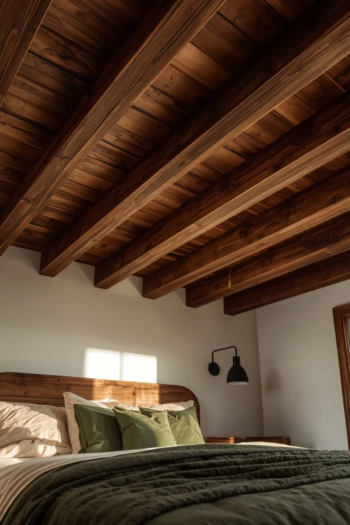 bedroom ceiling shot, featuring dark stained wooden beams 
