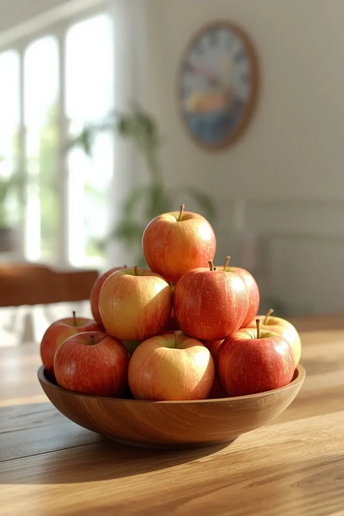 21 Fall Centerpiece Ideas That Take Minutes to Put Together (Easy + Budget-Friendly) 12 fruit centerpiece, featuring red and green apples stacked in a low wooden bowl on a dining table