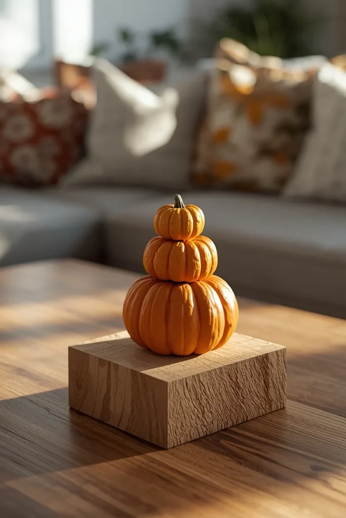 20 Fall Coffee Table Decor Ideas to Steal This Season 12 living room, featuring a small stack of mini pumpkins in decreasing size arranged