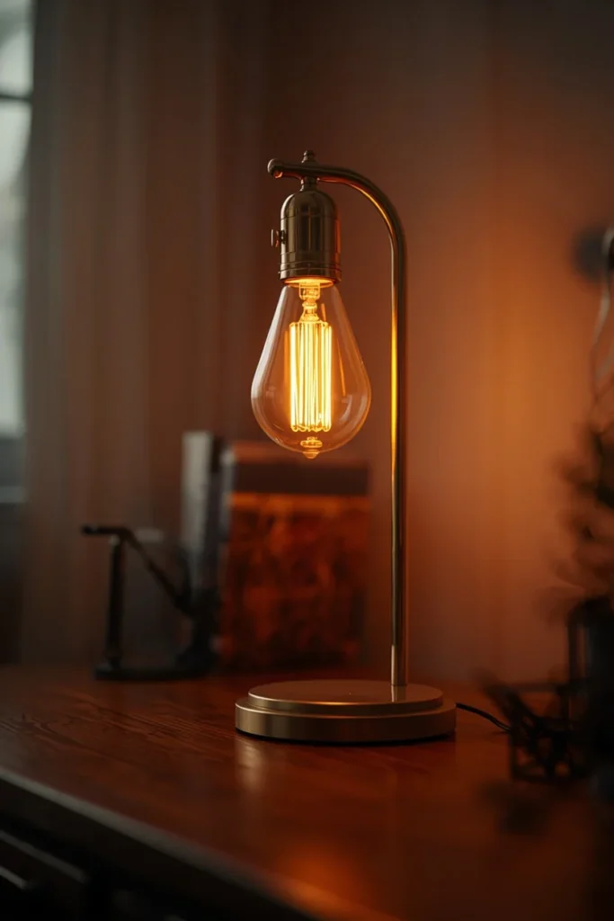  desk decor, featuring a brass desk lamp with a warm amber glow