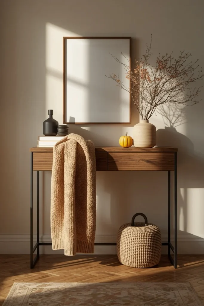 16 Fall Entry Table Decor Ideas That Wow Guests Instantly-Cozy Autumn Entryway Styling 12 entryway console table, featuring a soft camel knit throw draped asymmetrically over one end,
