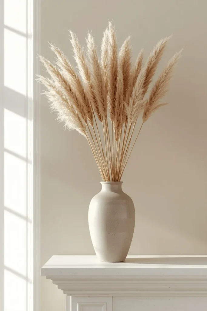  fireplace mantel, featuring a tall ceramic vase filled with dried wheat stems