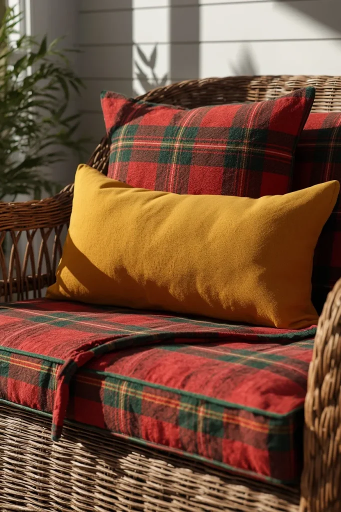  front porch seating area, featuring outdoor cushions in deep red
