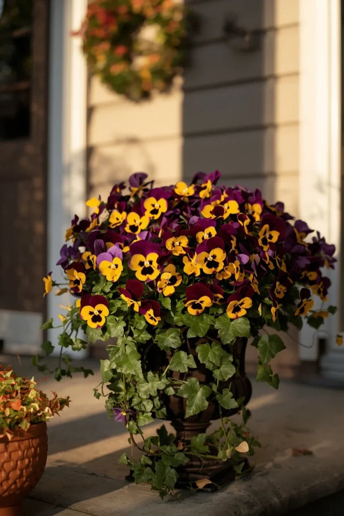 19 Fall Planter Ideas That Bring Instant Curb Appeal 12 front porch, featuring a planter filled with purple, yellow, and burgundy pansies with trailing ivy,