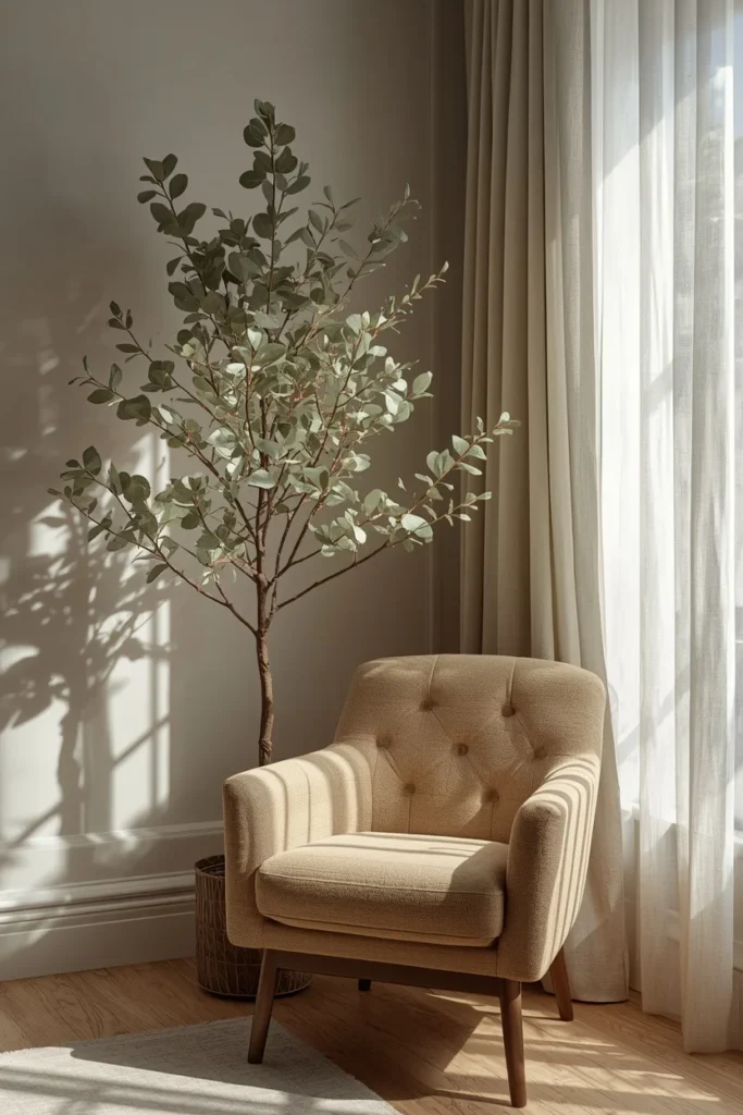 18 Fall Tree Ideas to Decorate Your Home Like a Magazine 12 reading nook, featuring a lighted faux eucalyptus tree with silvery-green stems
